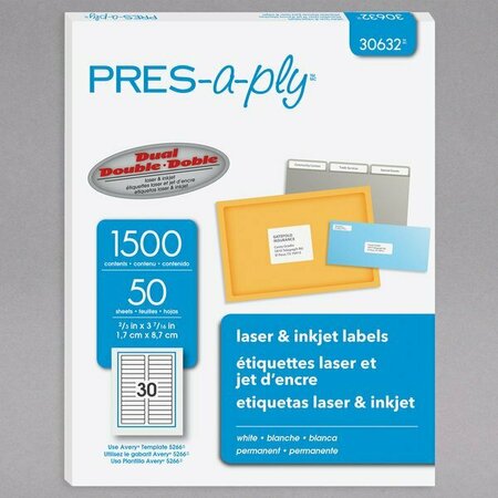 AVERY 30632 PRES-a-ply 2/3'' x 3 7/16'' Matte White Permanent Printable Label, 1500PK 15430632